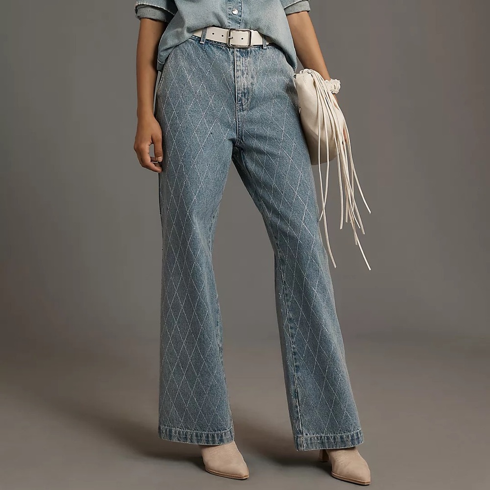 Avec Les Filles Diamond Rhinestone High-Rise Wide-Leg Jeans, NWT, 27